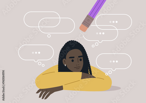 A young character leans on their arms, lost in thought, while an eraser appears to wipe away their swirling ideas, representing the struggle against overthinking in a serene environment