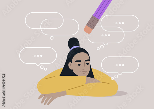 A young character leans on their arms, lost in thought, while an eraser appears to wipe away their swirling ideas, representing the struggle against overthinking in a serene environment