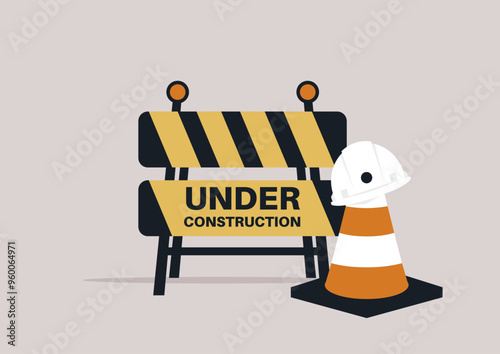 Bright caution tape signals ongoing construction efforts, with a hard hat resting beside a warning cone, representing active development in a bustling area