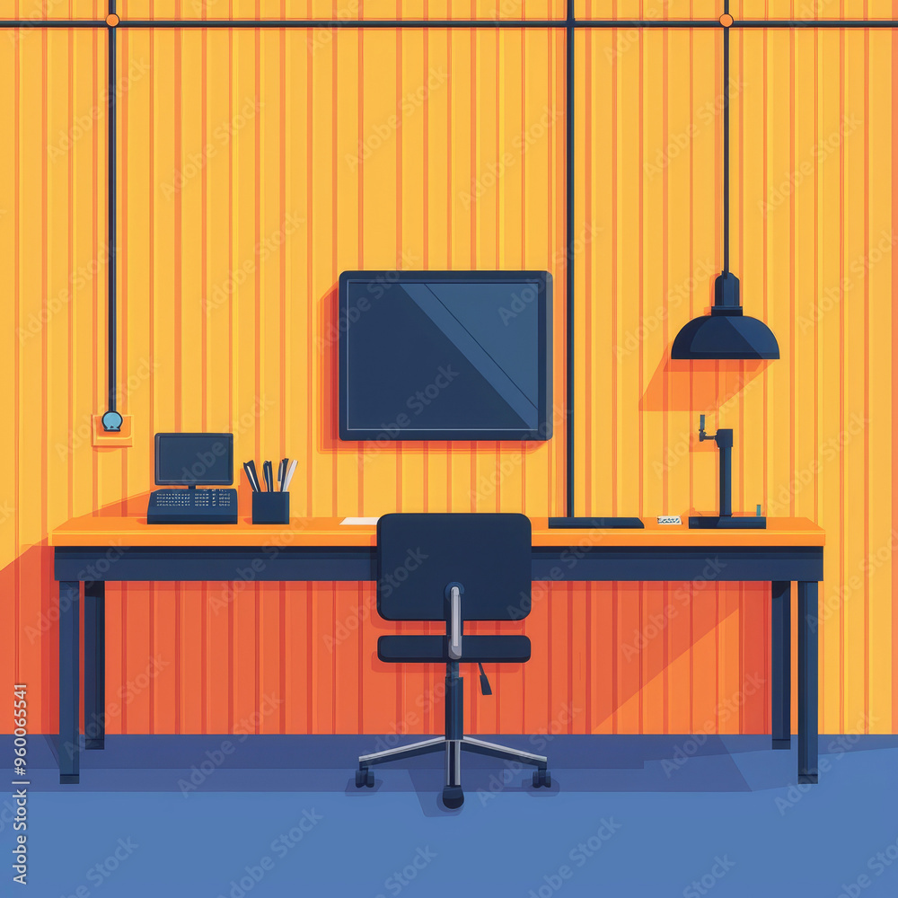 A modern workspace featuring a sleek desk, chair, monitor, and stylish lamp against a vibrant orange wall. A modern workspace featuring a sleek desk, chair, monitor, and stylish lamp against a vibrant orange wall.