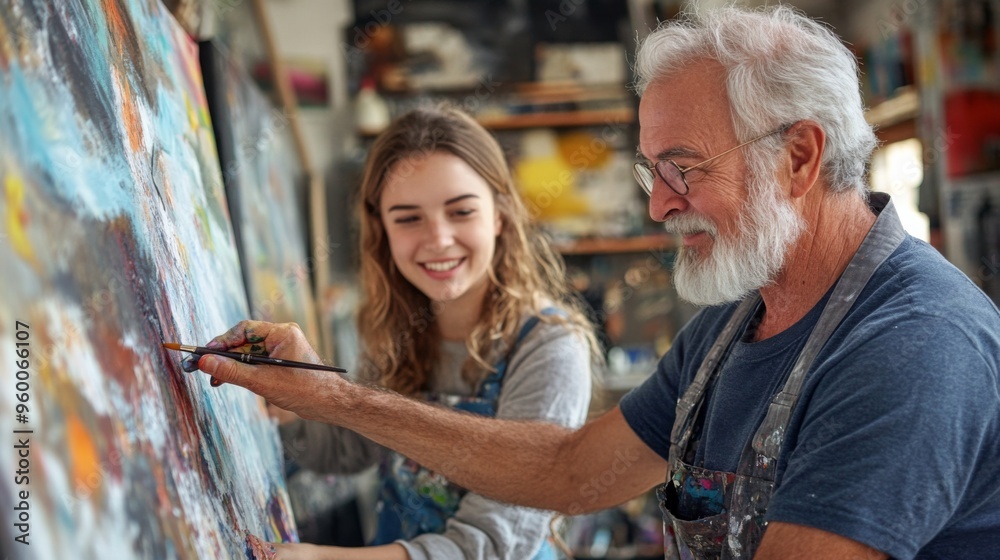 Grandfather teaching granddaughter how to paint in art studio Grandfather teaching granddaughter how to paint in art studio
