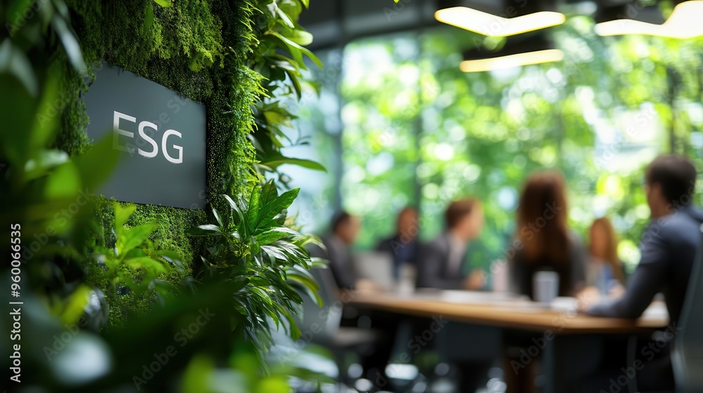 CEO discussing ESG initiatives in a corporate team meeting, selective focus, corporate sustainability theme, realistic, composite, modern boardroom backdrop