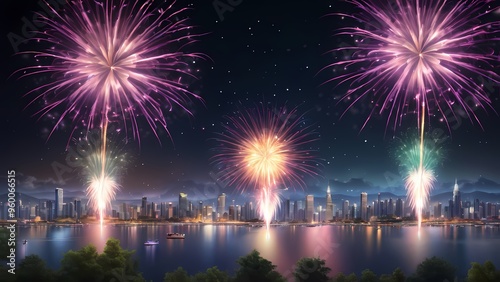 fireworks over the bright city