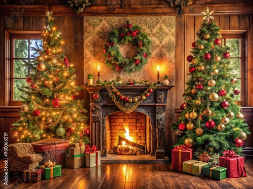 Retro-style festive decorations, ornaments, and garlands adorn a charming wooden mantel, surrounding a majestic Christmas tree, radiating warmth and nostalgia in a bygone era.