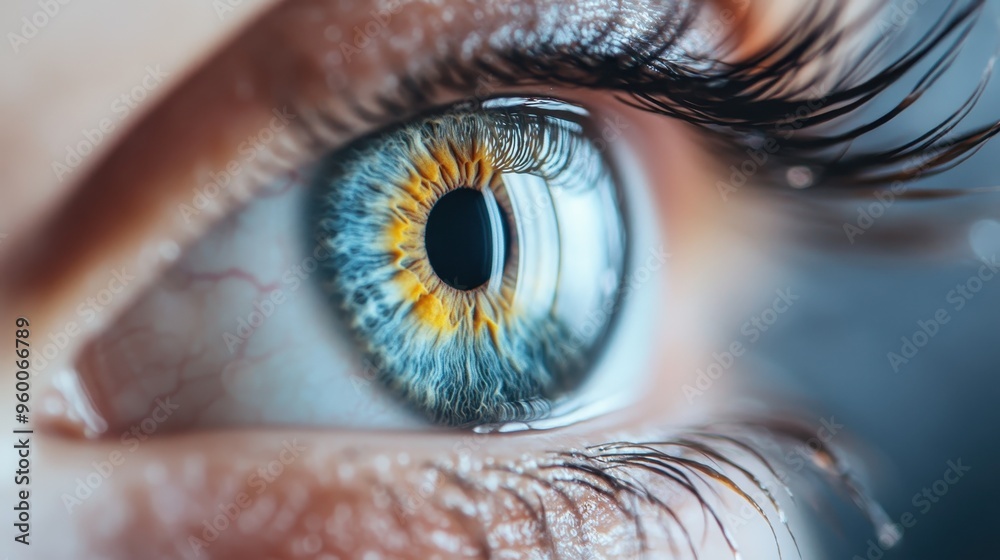 This macro shot showcases an extreme close-up of a blue eye, highlighting its vibrant and intricate details, with stunning clarity and sharp focus on the pupil and iris. This macro shot showcases an extreme close-up of a blue eye, highlighting its vibrant and intricate details, with stunning clarity and sharp focus on the pupil and iris.