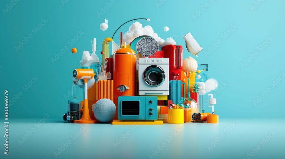 Fototapeta premium A circular logo featuring a collection of whimsical, cartoonish home appliances arranged in a surreal 3D landscape. The scene is filled with vibrant, multi-colored elements creating a playful,