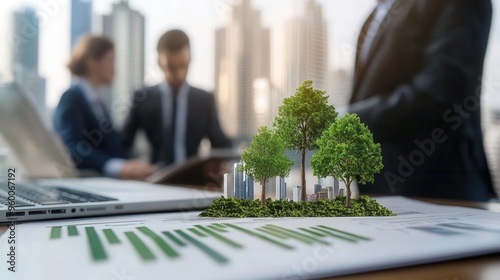 Leaders planning carbon credit purchase strategies, selective focus, market-driven theme, realistic, composite, financial district office backdrop