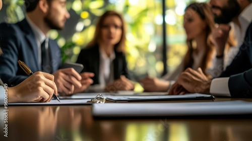Team discussing carbon credit regulations in a corporate meeting, close up, regulatory compliance theme, dynamic, fusion, sleek boardroom backdrop
