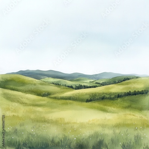Serene Watercolor Landscape of Green Grasslands and Distant Hills