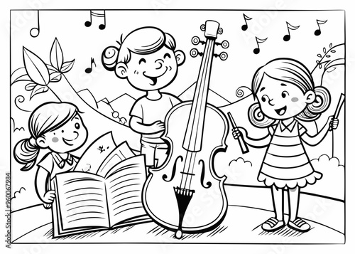 Black and white vector illustration of children's activity coloring book pages with pictures of Instrument cello.
