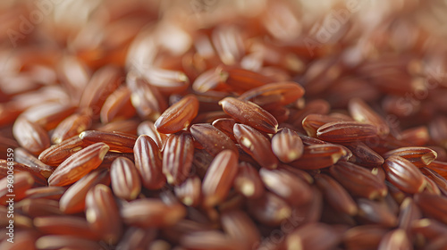 A close-up of uncooked red rice grains, featuring their deep reddish-brown color and natural texture. Ideal for themes related to health, nutrition, and plant-based diets. photo