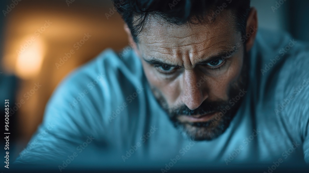 A man with a stern and concentrated look gazes intently at something off-camera in a dimly lit room, conveying a sense of deep thought and determination. A man with a stern and concentrated look gazes intently at something off-camera in a dimly lit room, conveying a sense of deep thought and determination.
