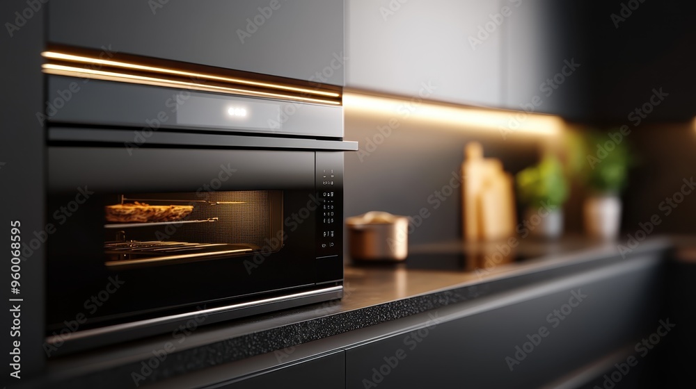 A modern kitchen is beautifully illuminated, featuring a sleek built-in oven and a stylish counter, with warm lights adding to the inviting, contemporary aesthetic and ambiance.