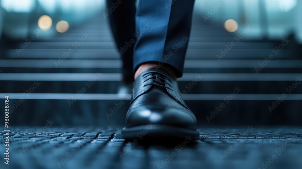 Fototapeta premium A close-up image showcasing a person's polished black dress shoe as they ascend a stylish staircase with a modern design, emphasizing steps in professional attire.