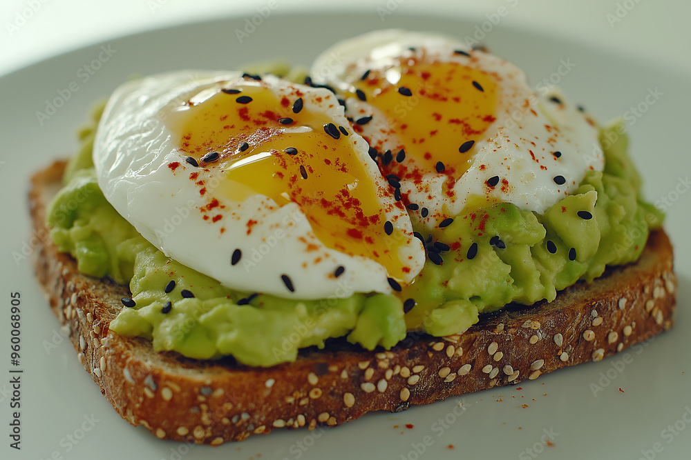 Avocado toast topped with poached eggs, healthy breakfast concept, fresh whole grain bread, sprinkled with black sesame seeds, nutritious and delicious food, brunch photography Avocado toast topped with poached eggs, healthy breakfast concept, fresh whole grain bread, sprinkled with black sesame seeds, nutritious and delicious food, brunch photography