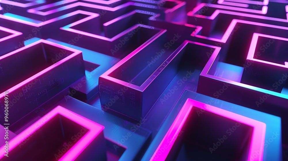 A 3D rendering of a geometric maze with neon lighting. A 3D rendering of a geometric maze with neon lighting.