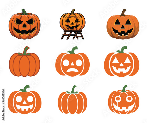 Halloween Pumpkins Silhouette, Pumpkins Different Shapes Silhouette Set, Scary Spooky Carving Pumpkins Vector.