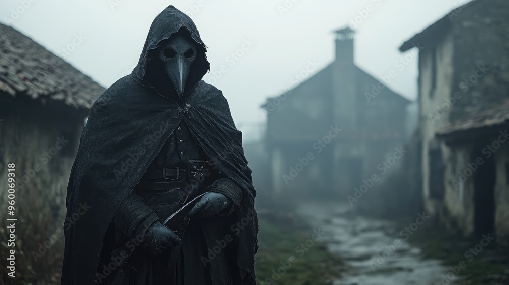 Medieval remedy: The plague doctor with bird beak mask, a distinctive symbol of historical medical practices, epresenting an era of medical history and the fight against plagues. Medieval remedy: The plague doctor with bird beak mask, a distinctive symbol of historical medical practices, epresenting an era of medical history and the fight against plagues.