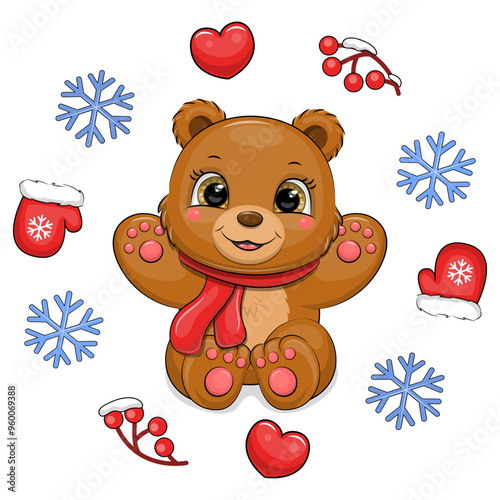 Cute cartoon bear with a red scarf in a winter frame. Christmas vector illustration of an animal with hearts, mittens, berries, snowflakes on a white background.