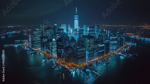 Aerial Night View of Manhattan Skyline