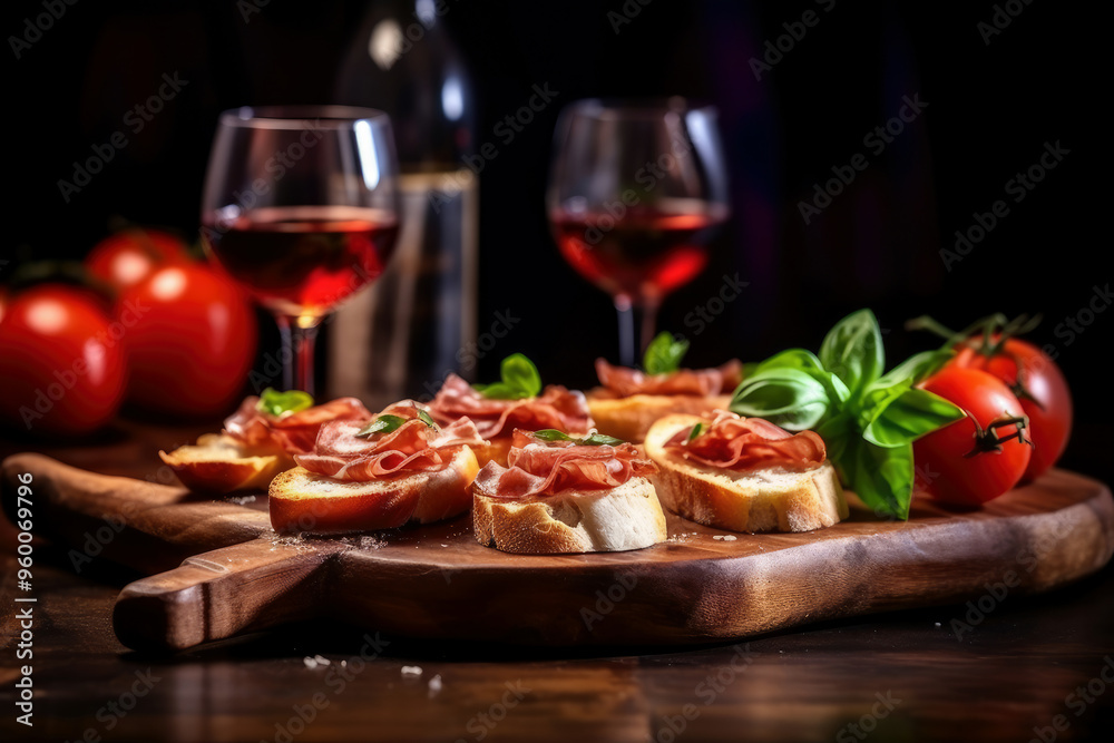 Delicious bruschetta topped with prosciutto sits on a wooden board, surrounded by ripe tomatoes and basil, with red wine in glasses nearby under soft lighting. Delicious bruschetta topped with prosciutto sits on a wooden board, surrounded by ripe tomatoes and basil, with red wine in glasses nearby under soft lighting.