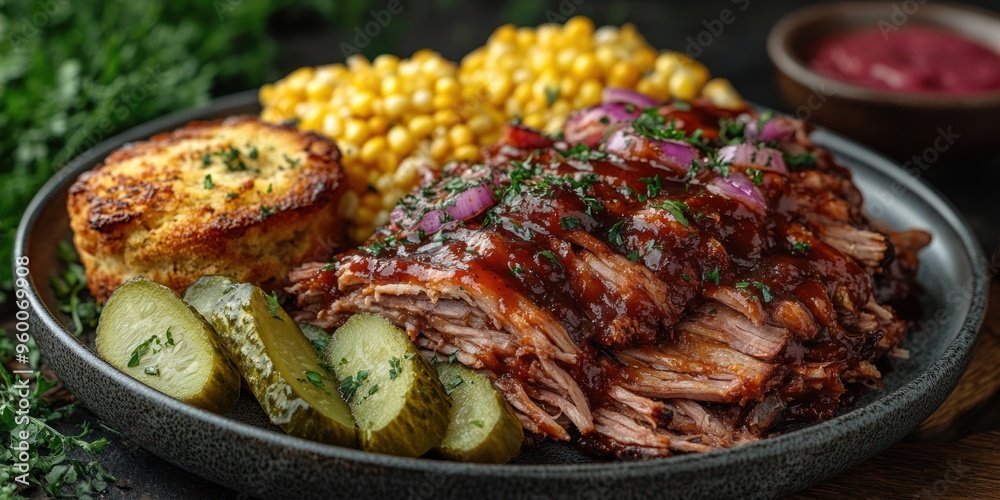 Pulled Pork with Corn, Pickles, and Red Onion