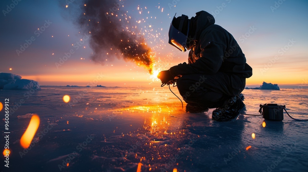 Fototapeta premium A wide-angle view of a welder kneeling on an icy surface, surrounded by a frozen sea, performing welding tasks under extreme Arctic conditions. The welder is silhouette is illuminated by the sparks