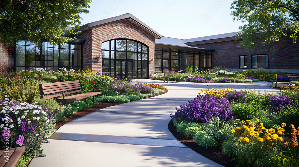 Outdoor Community Centre With Brick Walls, Large Windows, Flower Beds, Benches, And Pathway. Warm Summer Evening Ambiance.
Outdoor Community Centre With Brick Walls, Large Windows, Flower Beds, Benches, And Pathway. Warm Summer Evening Ambiance.