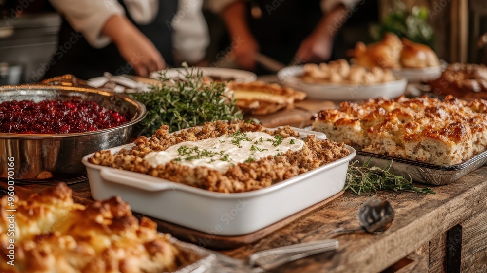 Obraz premium This image displays a delicious feast with vibrant dishes and sauces beautifully laid out, portraying a lively and indulging mealtime setup that appeals to all senses.