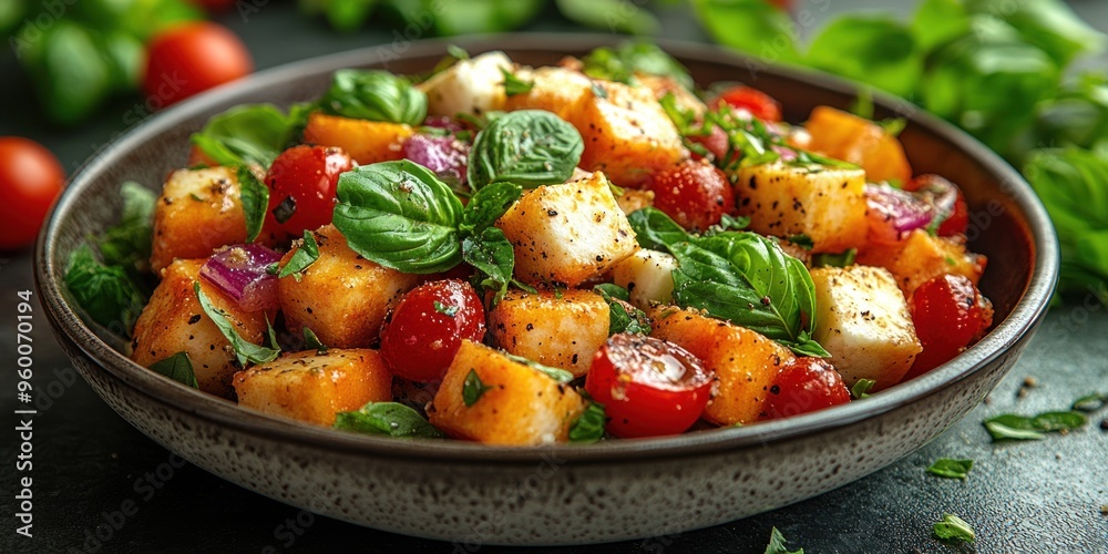 Fresh Salad with Cherry Tomatoes, Basil, and White Cheese Cubes Fresh Salad with Cherry Tomatoes, Basil, and White Cheese Cubes