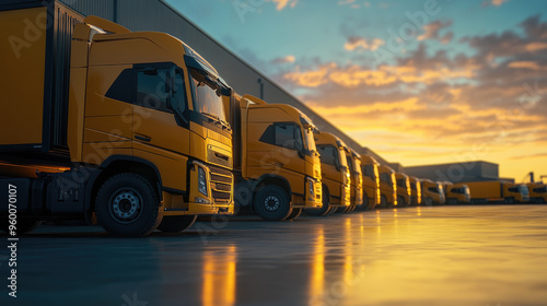 Row of yellow trucks parked outside a warehouse at sunset