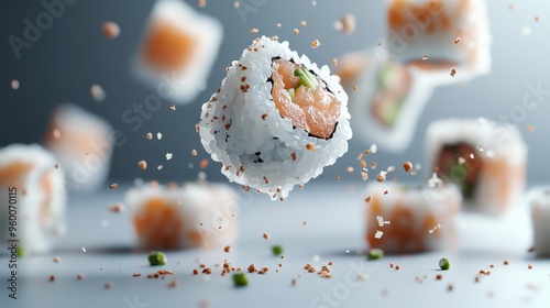 The image showcases sushi pieces floating gracefully in mid-air with tiny sprinkles, bringing attention to the artistic and creative aspects of modern food presentation. photo