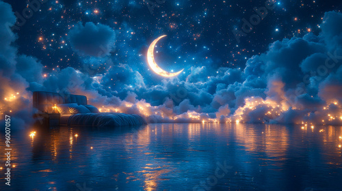 Cozy bed floating on water under crescent moon and starry sky with its reflection surrounded by clouds and lights