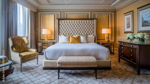 Luxurious bedroom featuring a tufted headboard gold accented furniture and plush carpeting creating an elegant and sophisticated ambiance