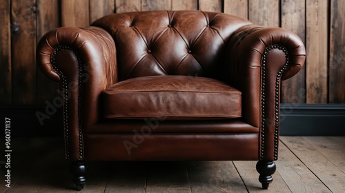 A luxurious leather armchair with deep brown color and tufts set against a backdrop of rich wooden planks, epitomizing classic comfort and timeless style. photo