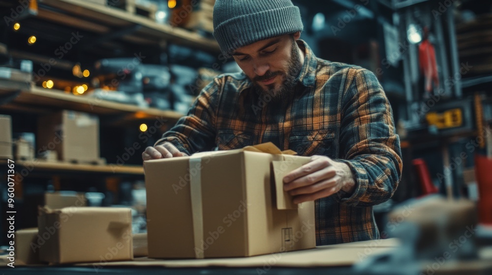 Man Packing Boxes in Warehouse Man Packing Boxes in Warehouse