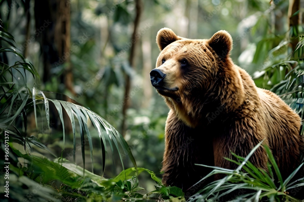 Fototapeta premium Portrait of a big bear standing alone in a beautiful forest