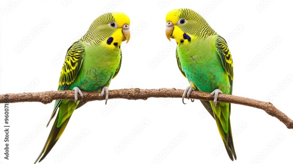 Two green parakeets on a branch isolated on white background Two green parakeets on a branch isolated on white background