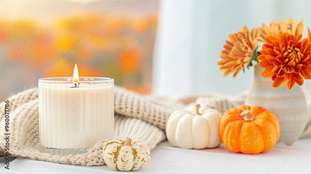 Candle and pumpkins with fall decorations in cozy autumn setting Candle and pumpkins with fall decorations in cozy autumn setting
