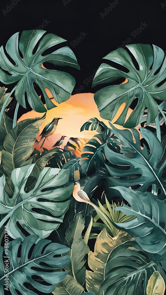 Obraz premium Watercolor tropical background with monstera leaves on a black background. For design of wedding invitations, greeting cards and banners.