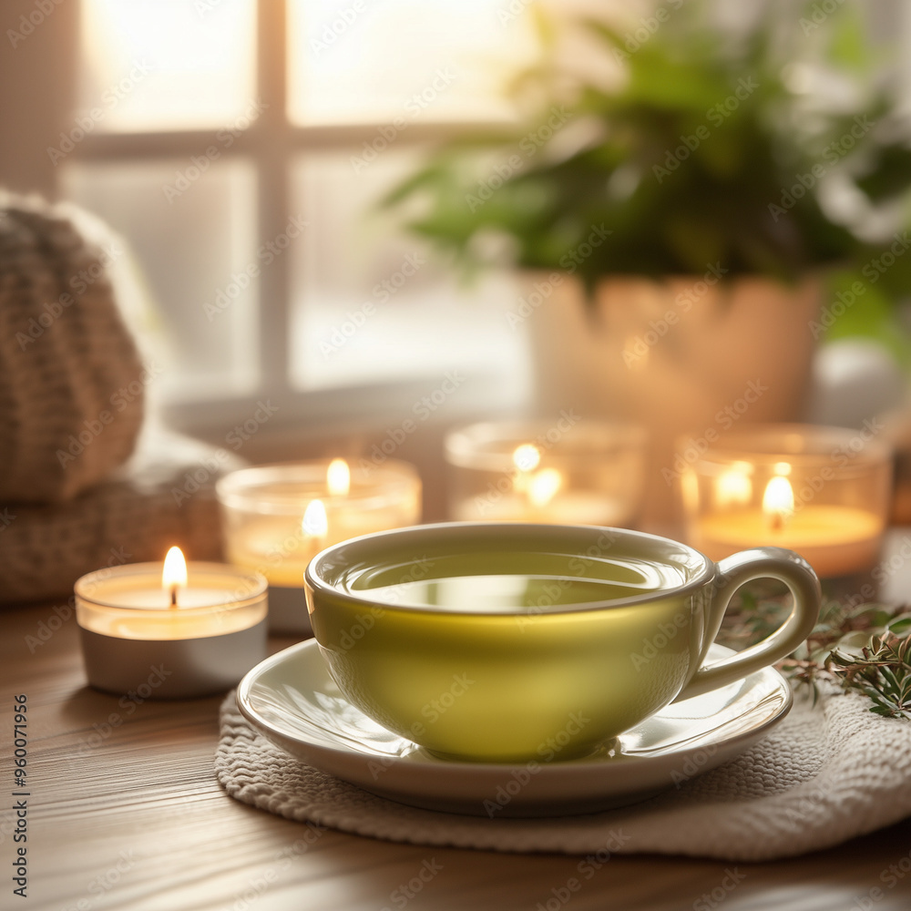A cup of green tea and aromatic candles on a table in a home interior A cup of green tea and aromatic candles on a table in a home interior