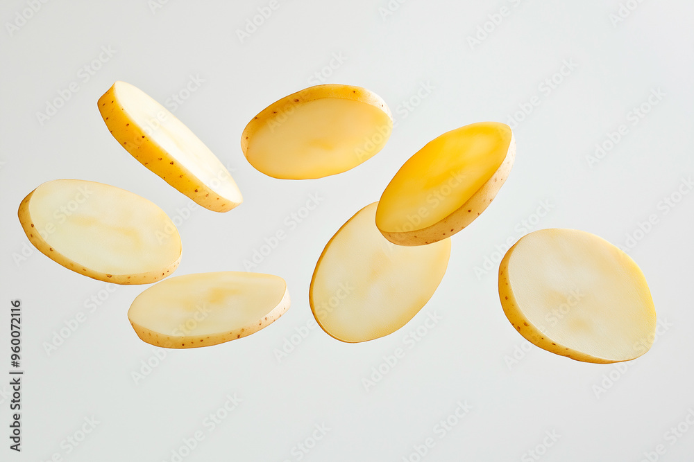 falling potato slices on a white background falling potato slices on a white background
