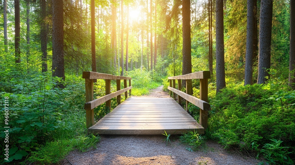 Path in a pine forest leading to a wooden bridge Path in a pine forest leading to a wooden bridge