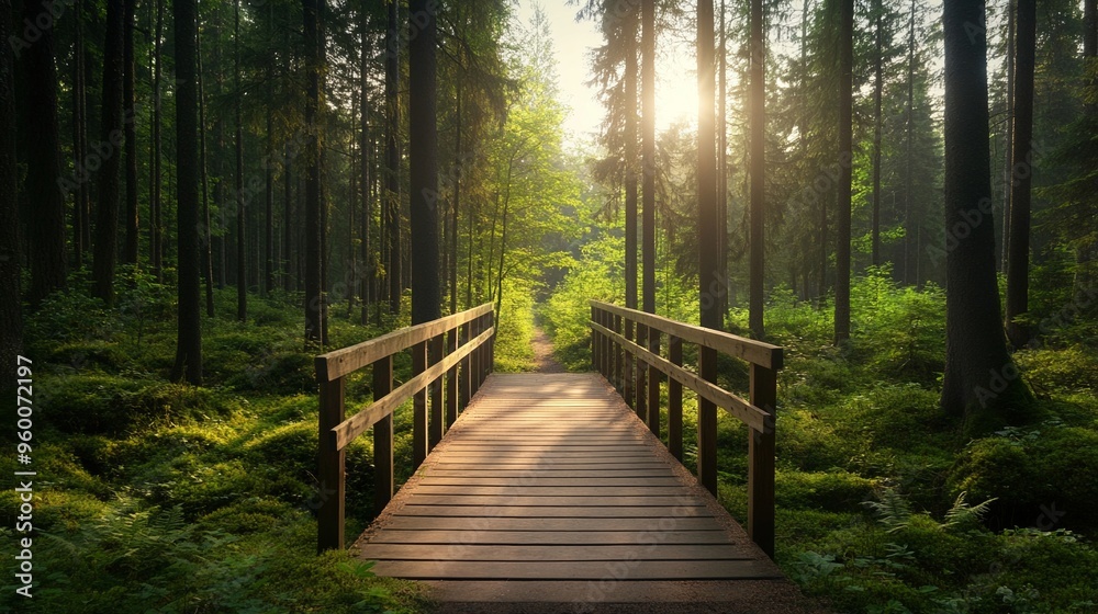 Obraz premium Path in a pine forest leading to a wooden bridge