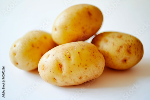 stack of raw potatoes on white background