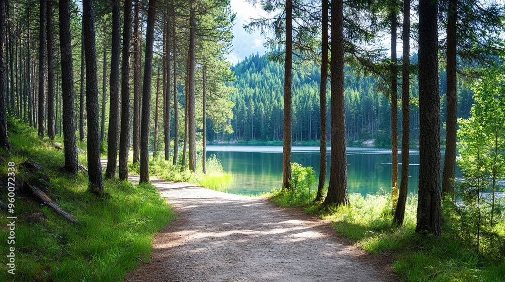 Obraz premium Path leading to a lake through pine forest