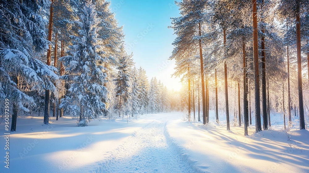 Obraz premium Path through snow-dusted pine forest