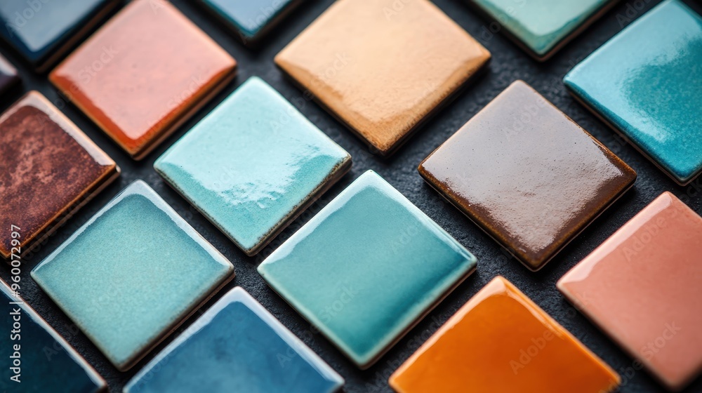 A vibrant array of colorful ceramic tiles, displayed in an artistic geometric pattern, showcasing the variety and beauty of tile craftsmanship and artistry for decoration purposes.