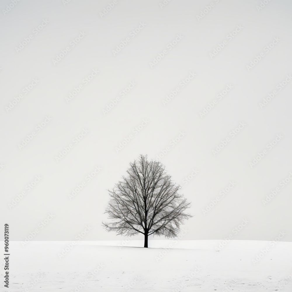 Fototapeta premium A solitary tree stands starkly against a vast snowy landscape, creating a minimalist and serene winter scene. The simplicity of the composition emphasizes the quiet beauty and solitude of the natural
