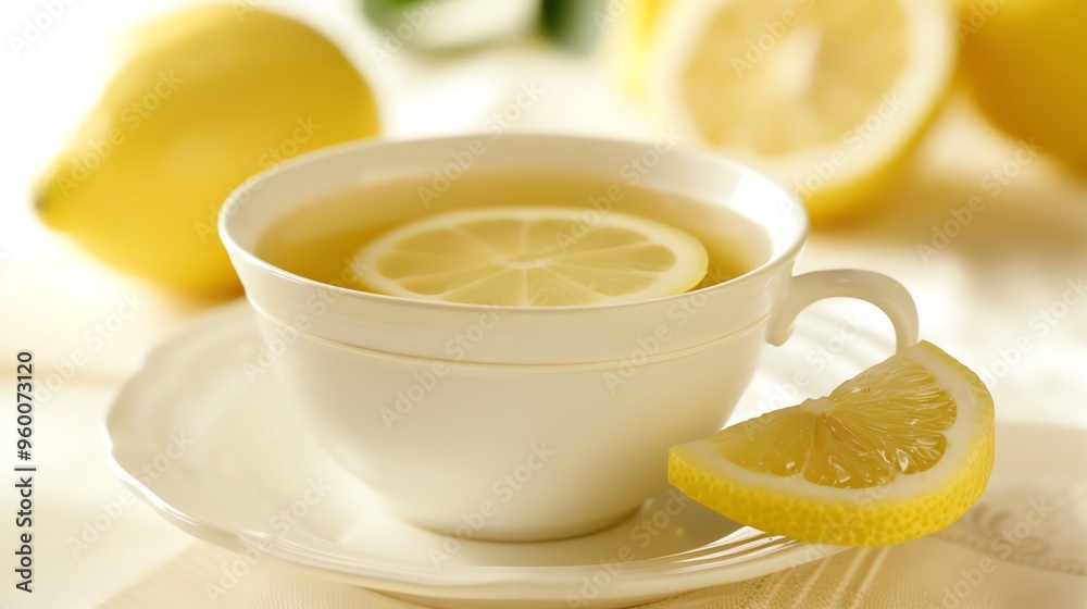 A white teacup with lemon tea and a lemon slice next to it. A white teacup with lemon tea and a lemon slice next to it.